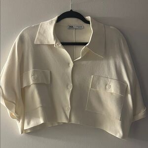 Zara Off-White Cropped Button-Up Blouse